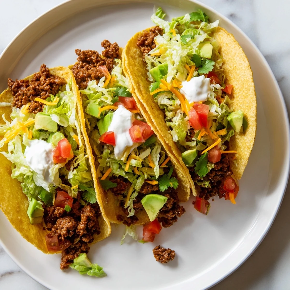 Steaming hot Beef Tacos, filling crispy shells, overflowing with fresh toppings and savory ground beef.