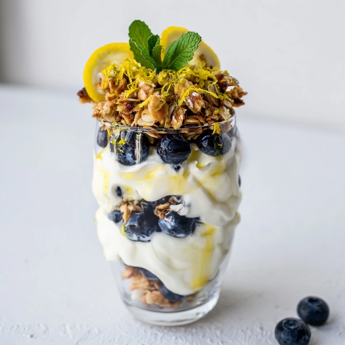 Cool, refreshing Lemon Blueberry Yogurt Parfait with layers of tangy yogurt and sweet berries.