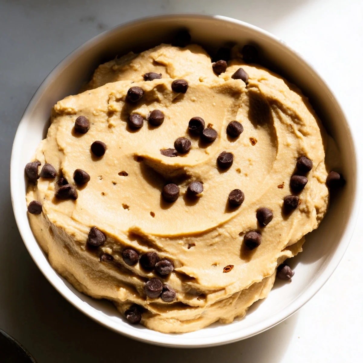 A batch of creamy Chocolate Chip Cookie Dough Hummus ready to be served with fruit.