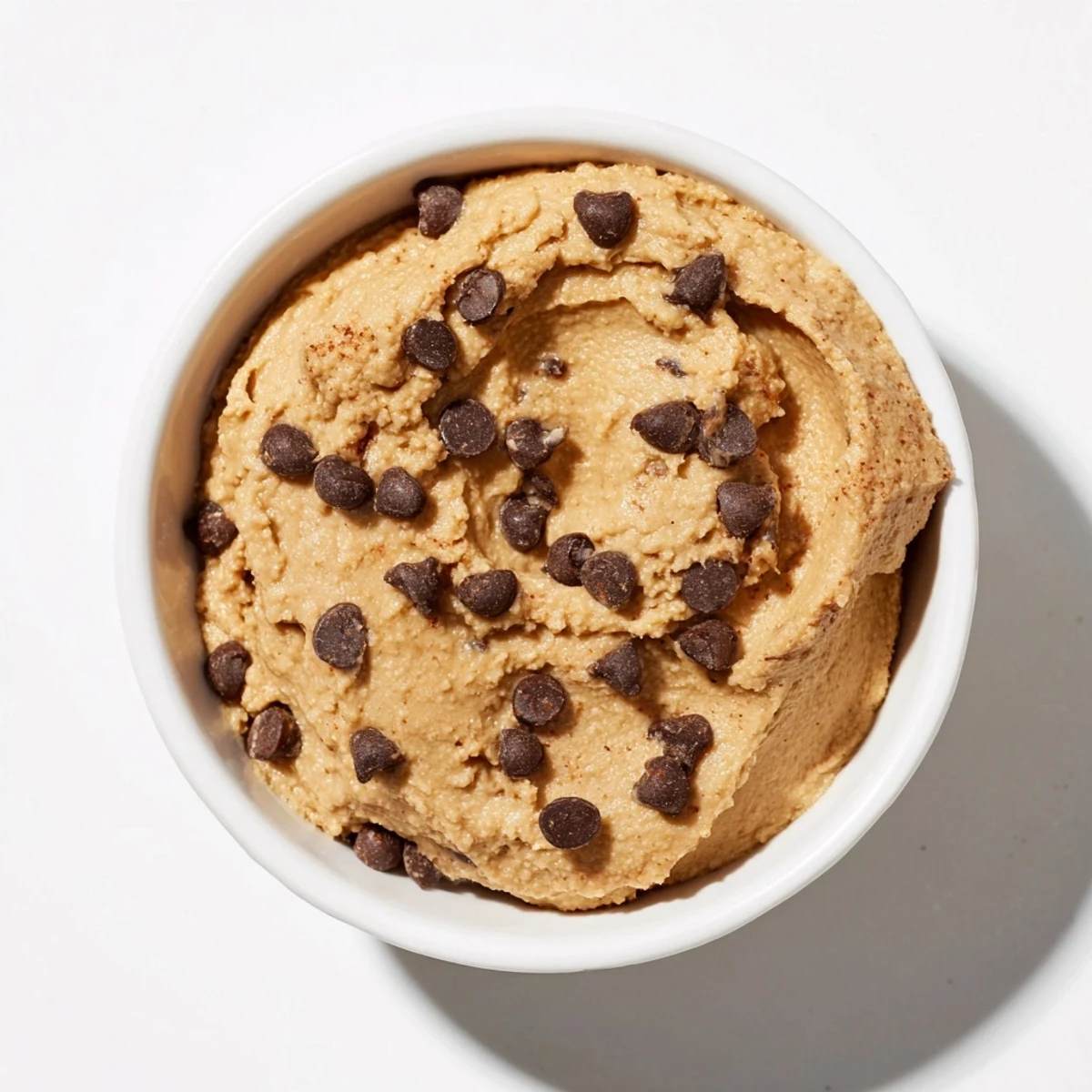 Close-up of a bowl filled with homemade Chocolate Chip Cookie Dough Hummus, looking delicious!