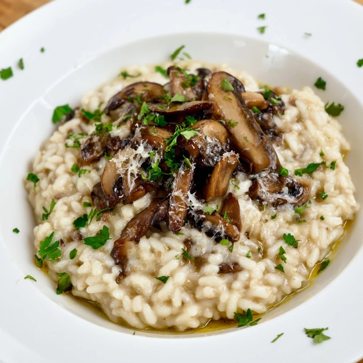 Savory Mushroom Risotto, finished with Parmesan and truffle oil, a delightful vegetarian main course idea.