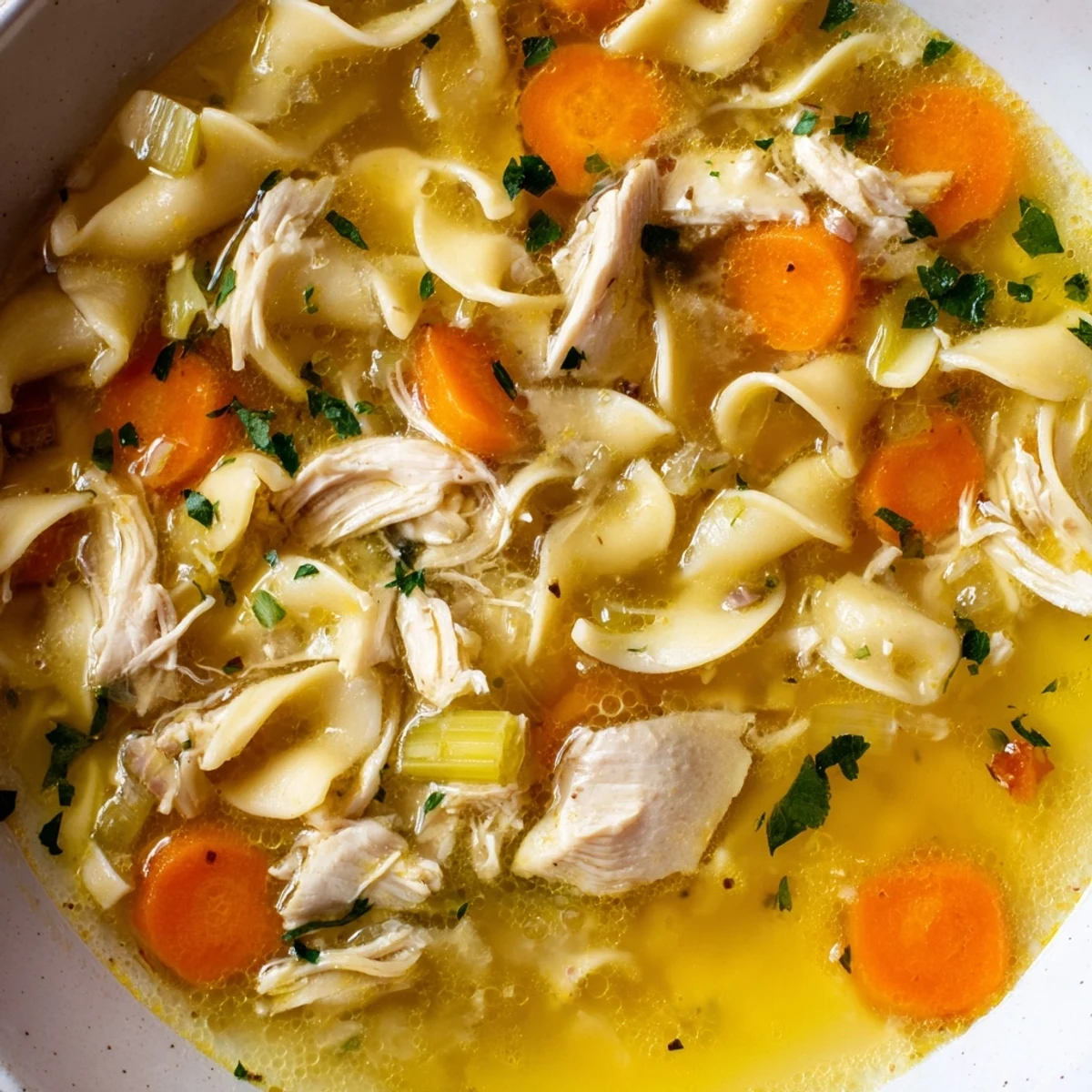 A close-up of a hearty Chicken Noodle Soup with homemade noodles, garnished with fresh parsley.