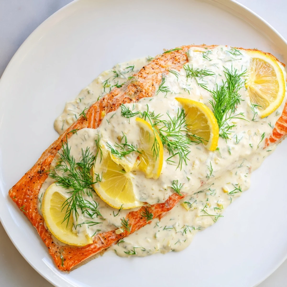 Baked Salmon with Dill and Lemon Sauce, a flaky, oven-baked masterpiece, drizzled with creamy lemon dill sauce.