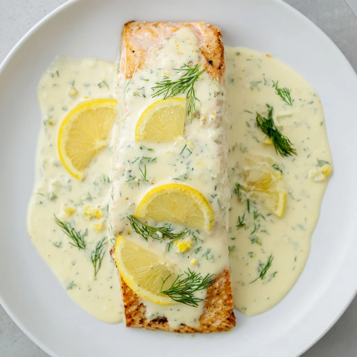 Golden-brown Baked Salmon with Dill and Lemon Sauce, served with fresh lemon slices, looks incredibly flavorful.