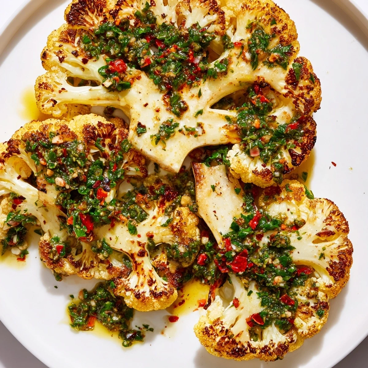 Golden brown, fork-tender Roasted Cauliflower Steaks topped with bright green, zesty chimichurri.