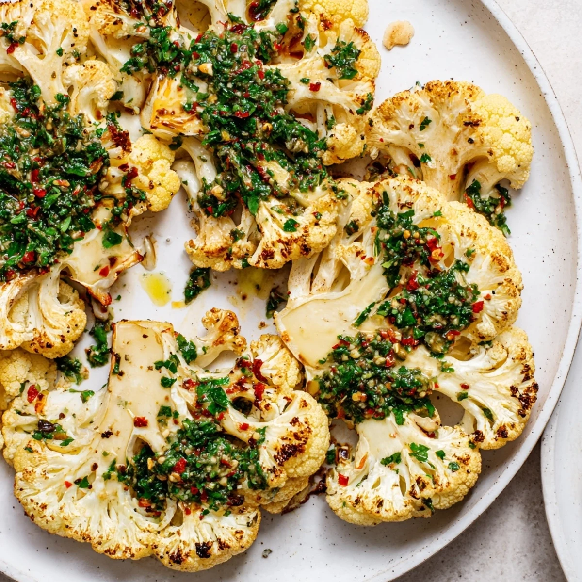 Delicious, vegetarian Roasted Cauliflower Steaks, beautifully roasted and smothered in flavorful chimichurri sauce.