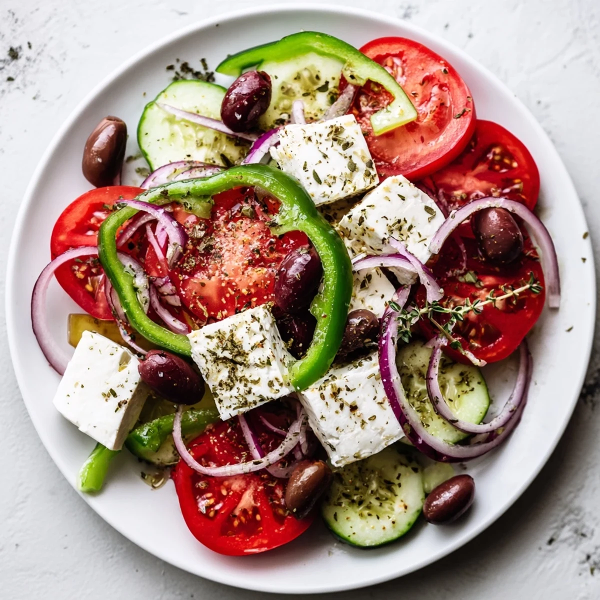 A close-up of a refreshing Greek salad showcasing Kalamata olives and crumbled feta on a bed of greens.