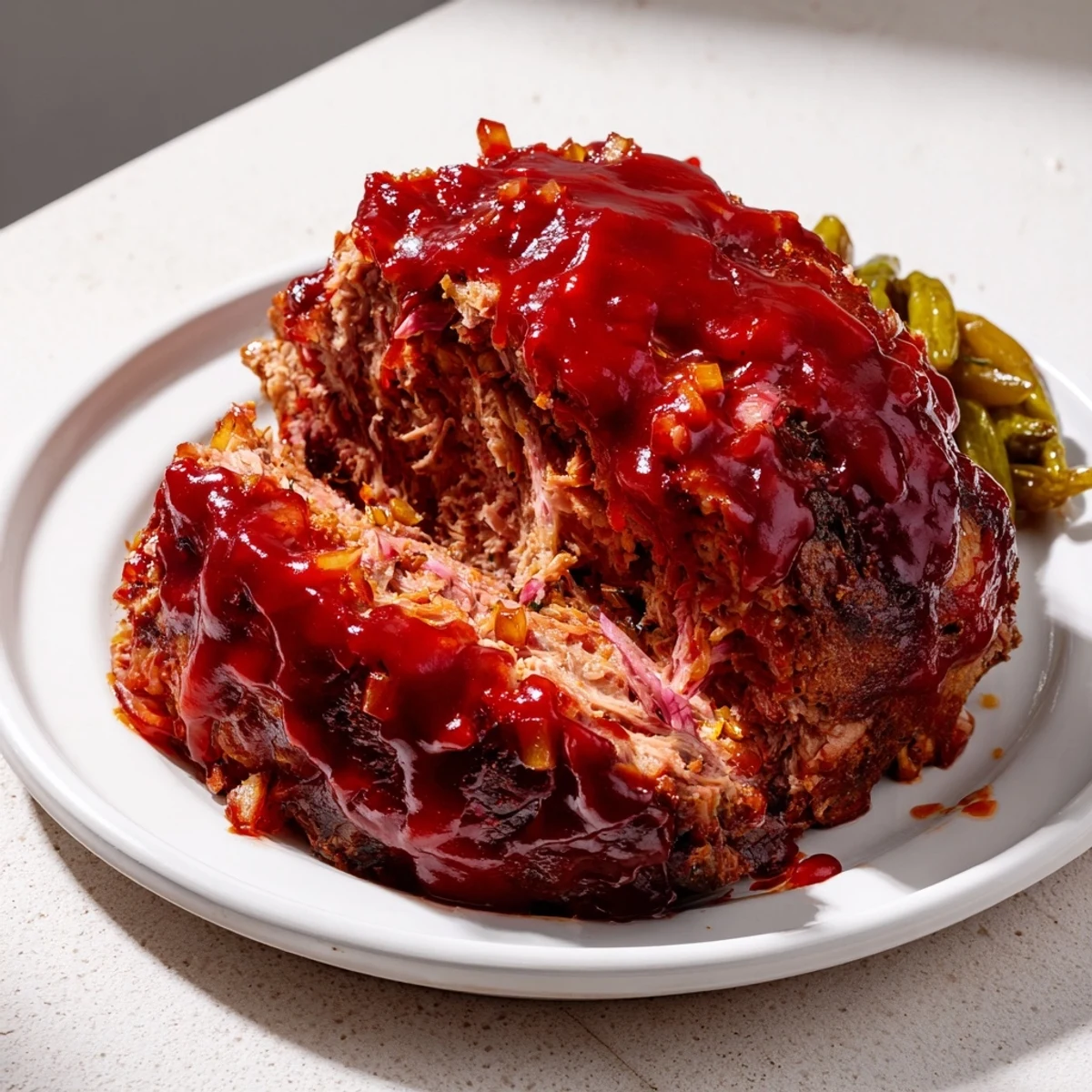 A close-up of a perfectly baked turkey meatloaf with a glossy glaze, ready to serve alongside vibrant green beans.