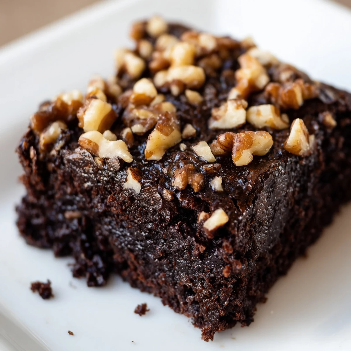 Gooey Chocolate Fudge Brownies with Chopped Walnuts served warm with a scoop of vanilla ice cream.