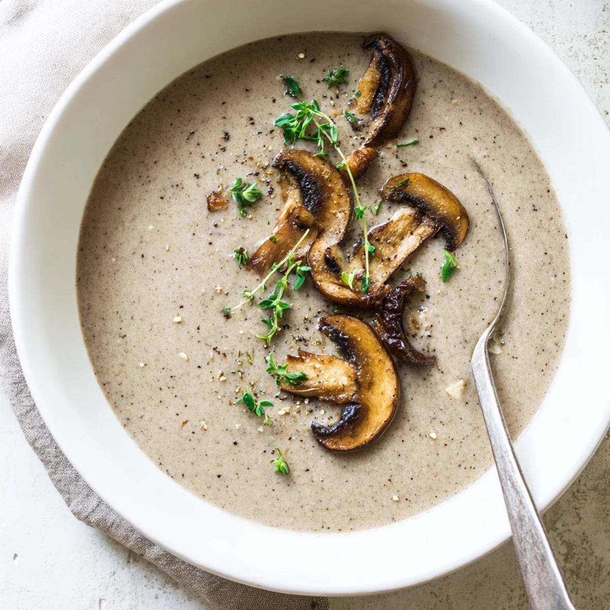 Creamy Mushroom Soup with Fresh Thyme steaming from a pot, garnished with fresh thyme and cracked pepper.