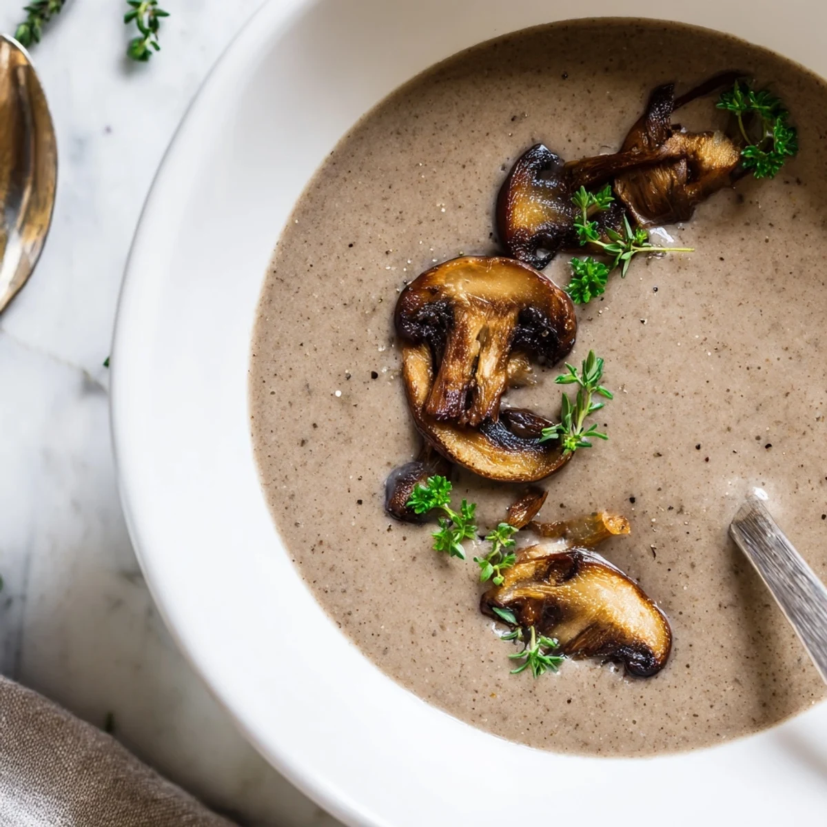 A bowl of Creamy Mushroom Soup with Fresh Thyme next to crusty bread for dipping.