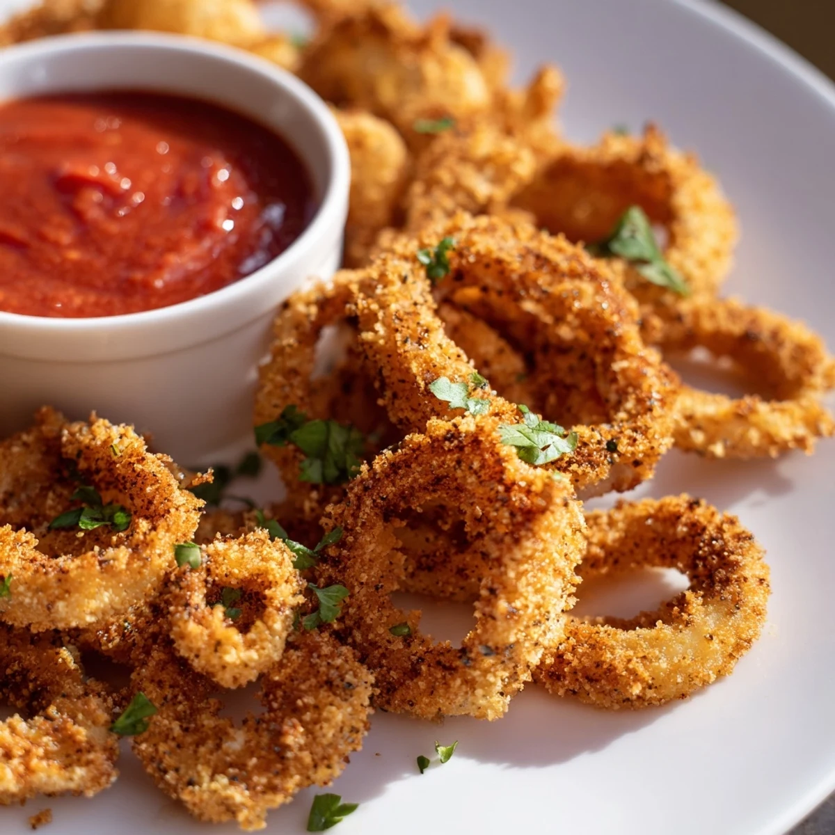 A close-up of golden-fried Crispy Calamari with Marinara Dipping Sauce beside a bowl of red sauce.