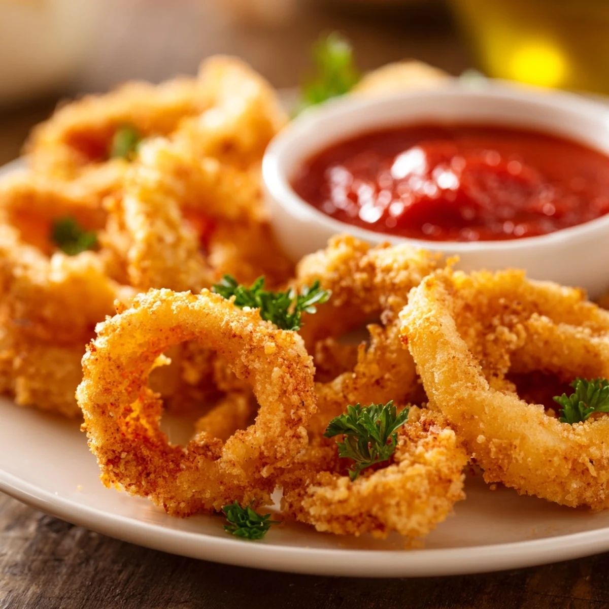 Homemade Crispy Calamari with Marinara Dipping Sauce plated on parchment, perfect for sharing at an Italian dinner.