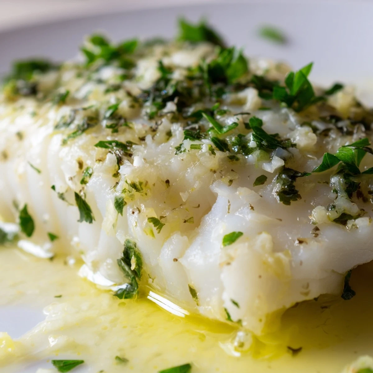 Golden-brown Baked Cod with Garlic Butter and Fresh Herbs, flaky and steaming, served with lemon wedges and a side of roasted vegetables.
