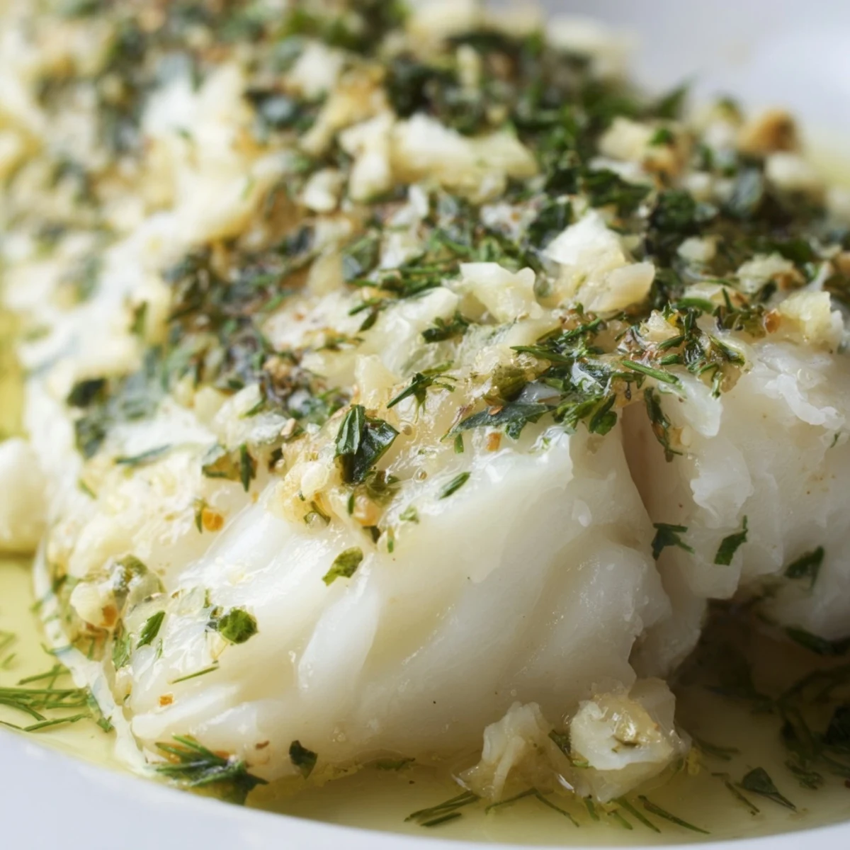 A close-up of Baked Cod with Garlic Butter and Fresh Herbs, garnished with vibrant fresh parsley, dill, and chives on a ceramic platter.