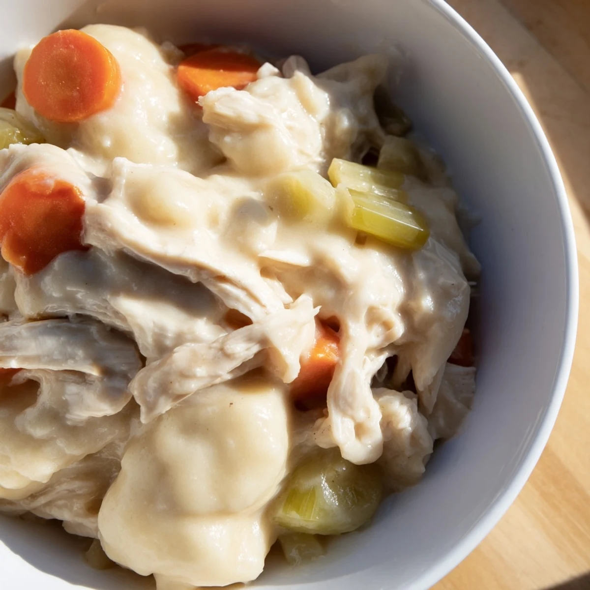 Tender shredded chicken and sweet carrots nestled in fluffy dumplings for Slow Cooker Chicken and Dumplings with Carrots.