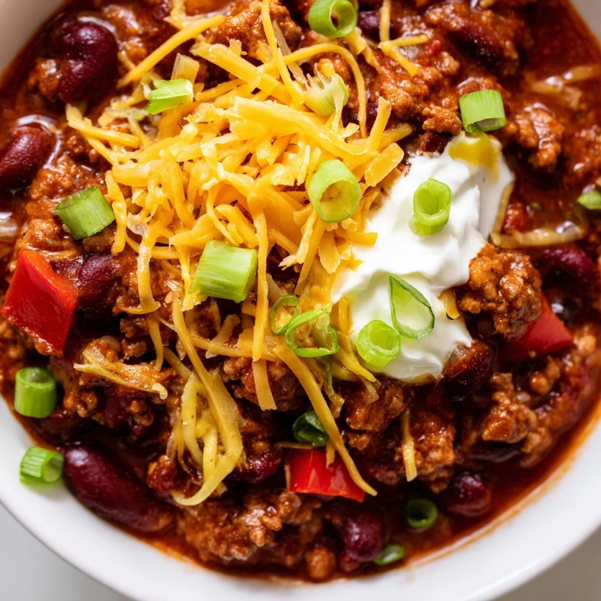 A steaming bowl of hearty Beef and Bean Chili with Sharp Cheddar, featuring tender ground beef and creamy beans in a rich tomato base.