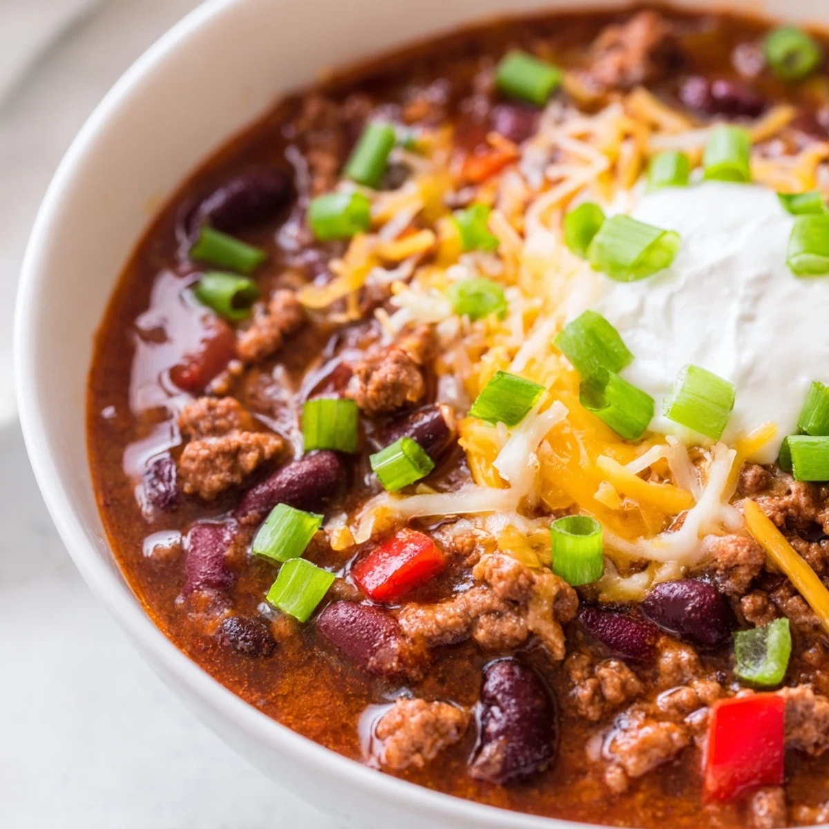 Steaming spoonful of homemade Beef and Bean Chili with Sharp Cheddar, featuring tender beef and creamy beans in a rich, thick tomato sauce.