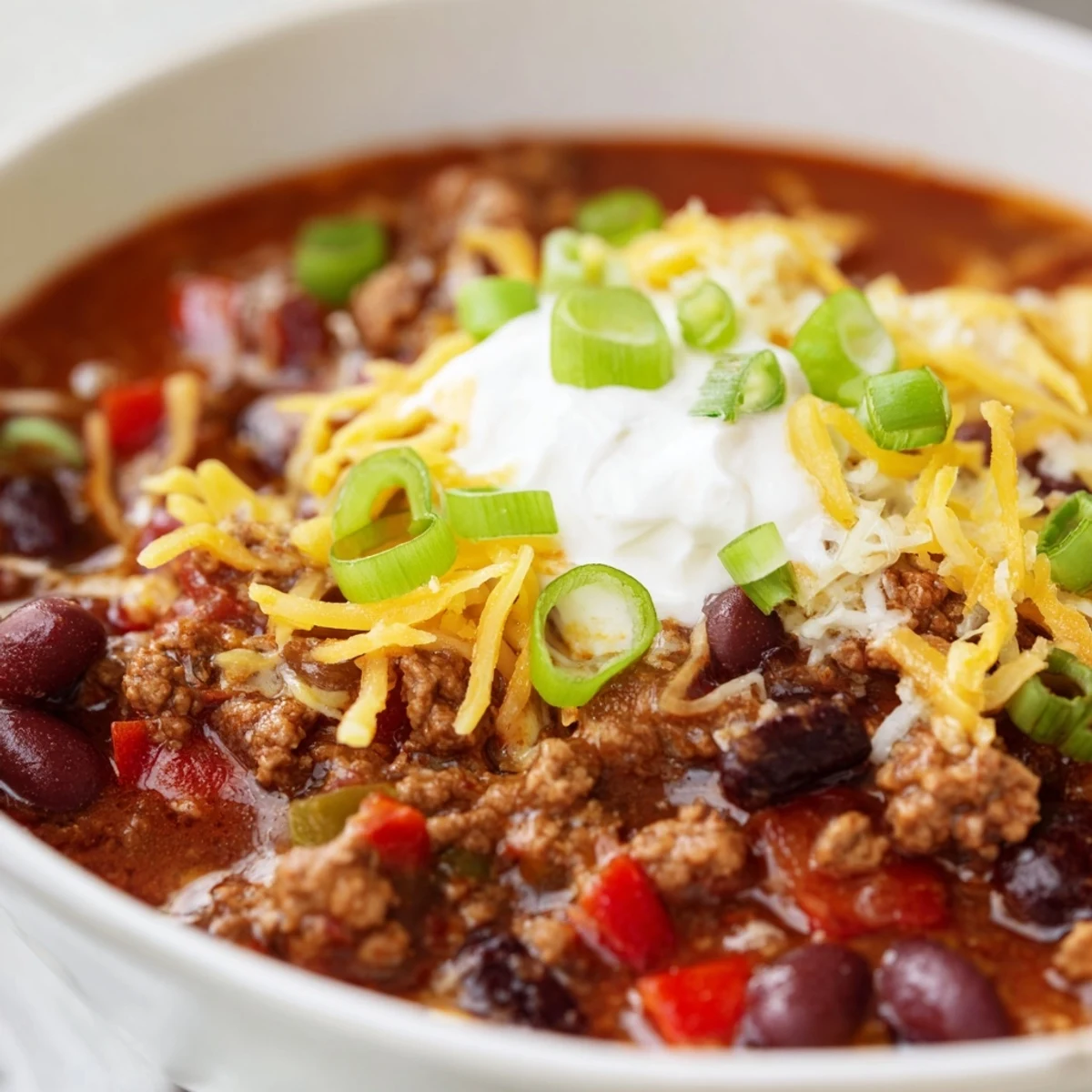 Hearty Beef and Bean Chili with Sharp Cheddar bubbling in a Dutch oven, topped with melted cheese and fresh green onions for a cozy meal.