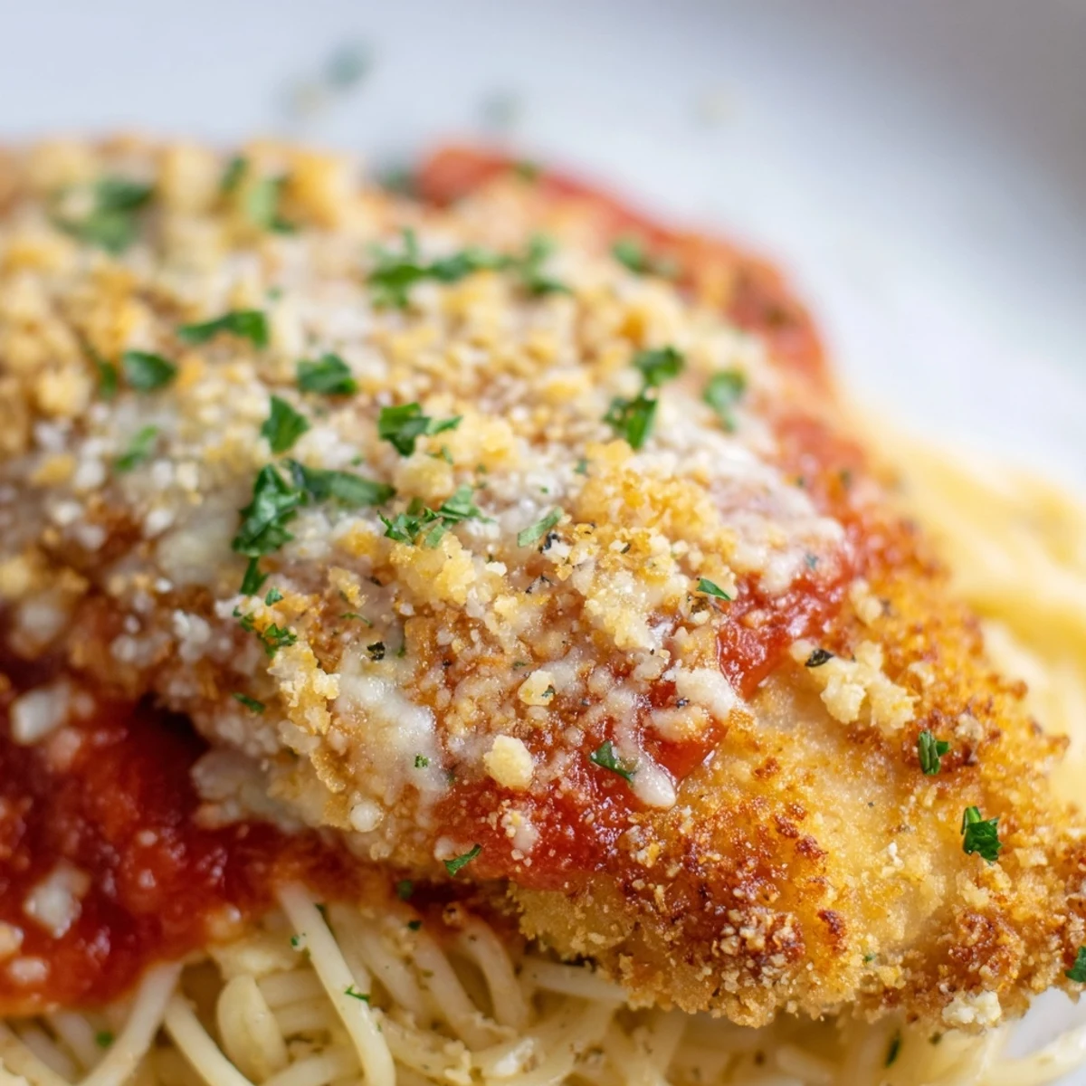 Golden, crispy breaded chicken breasts baked with marinara and melted mozzarella, served over spaghetti marinara and garnished with fresh basil.