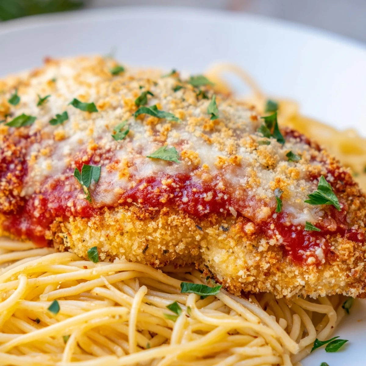 Tender pasta spaghetti marinara topped with a hearty Chicken Parmesan cutlet, rich tomato sauce, and bubbling cheese for an Italian-American dinner.