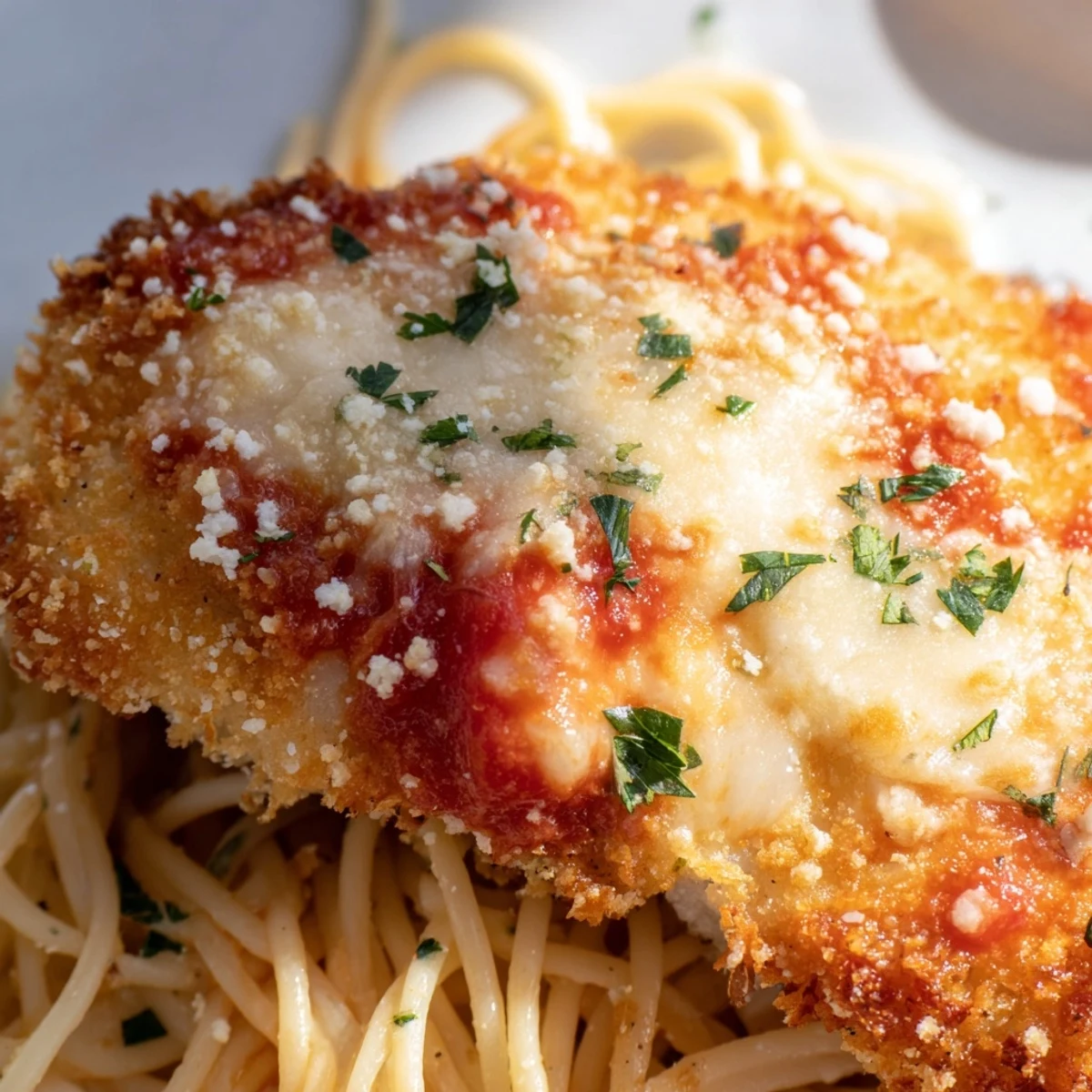 Crisp panko-crusted Chicken Parmesan over spaghetti marinara, featuring golden chicken, vibrant red sauce, and a generous sprinkle of Parmesan.
