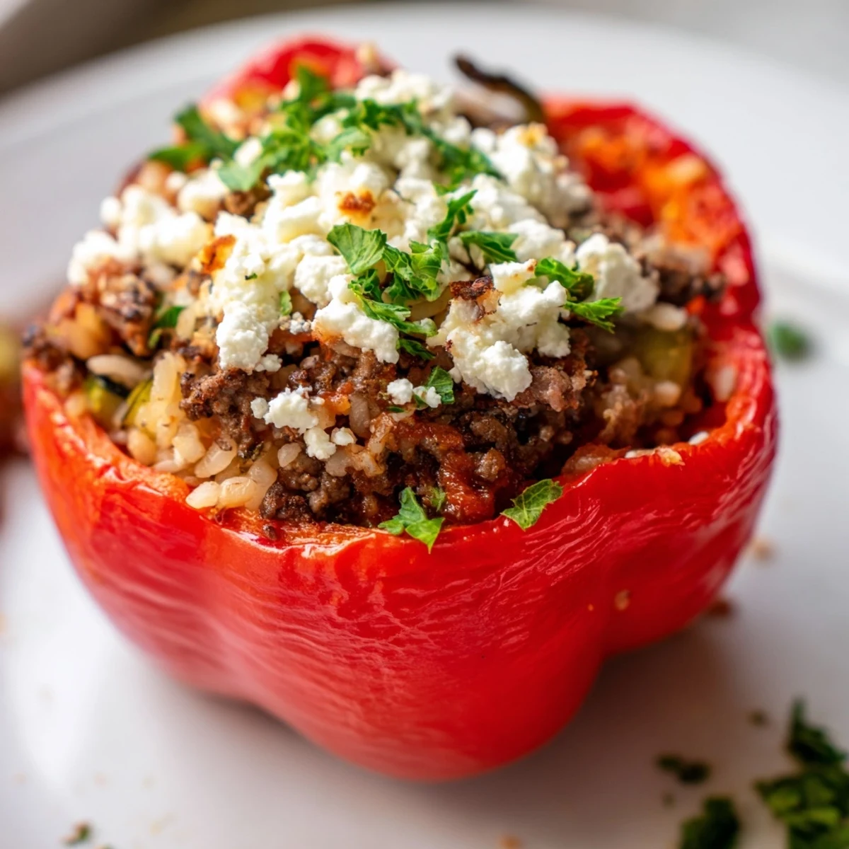 Mediterranean Stuffed Bell Peppers with Ground Beef served hot from the oven on a rustic white plate with lemon wedges.
