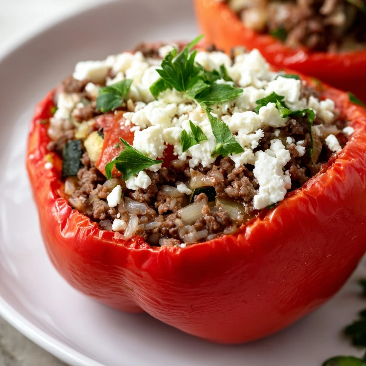 Golden-brown Mediterranean Stuffed Bell Peppers with Ground Beef, topped with crumbled feta cheese and fresh parsley.