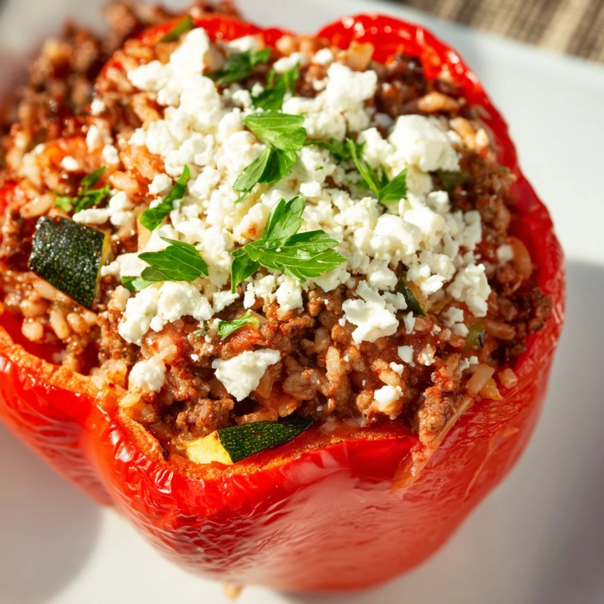 Freshly baked Mediterranean Stuffed Bell Peppers with Ground Beef showcasing a hearty filling of beef, rice, and vegetables.