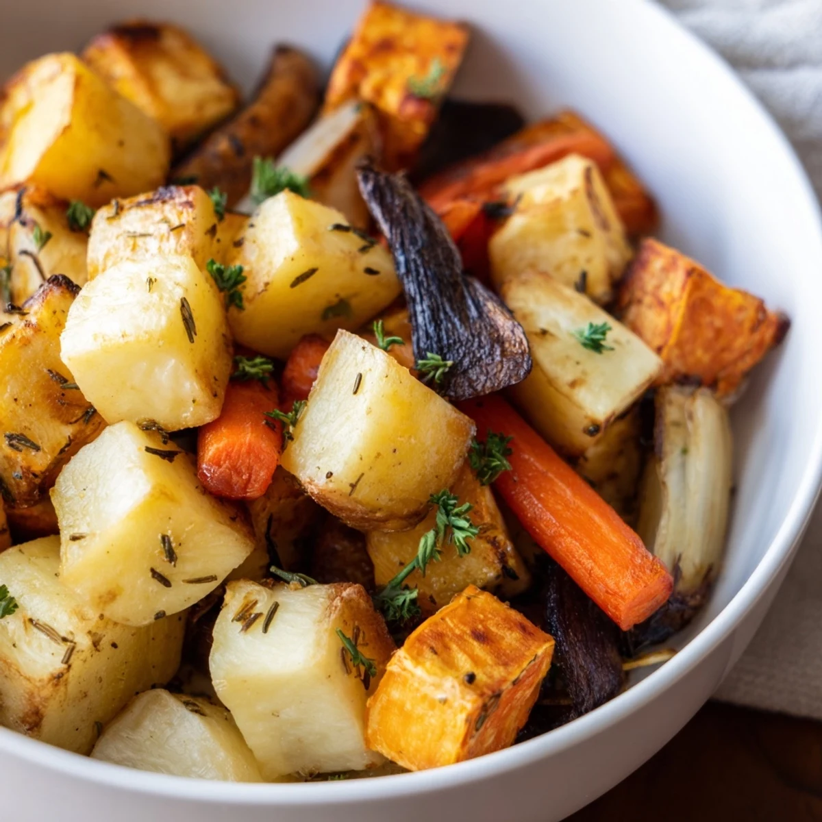 Golden roasted root vegetable medley with dried herbs, garnished with fresh parsley on a rustic plate.