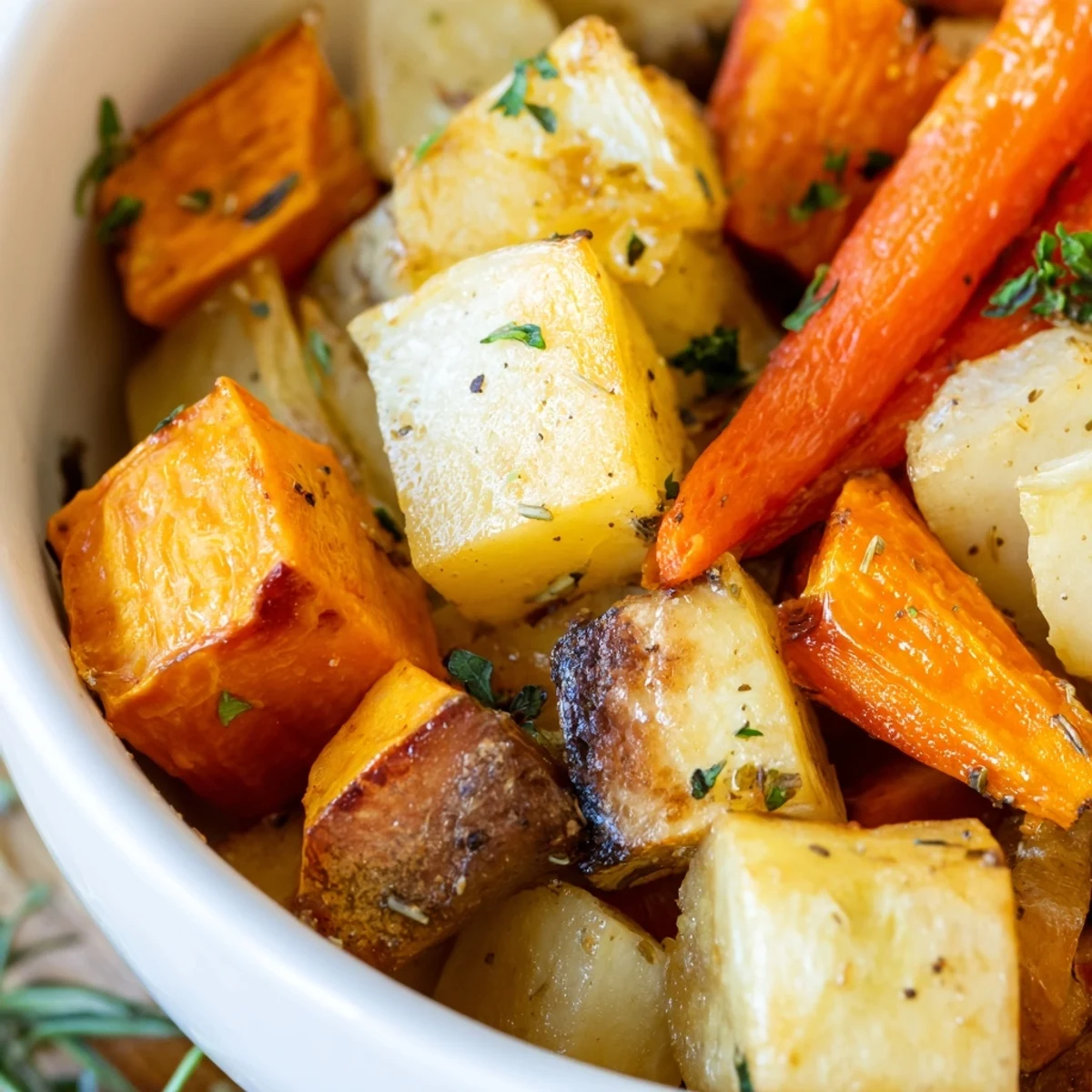 Aromatic roasted root vegetable medley with dried herbs, served warm alongside quinoa for a complete meal.