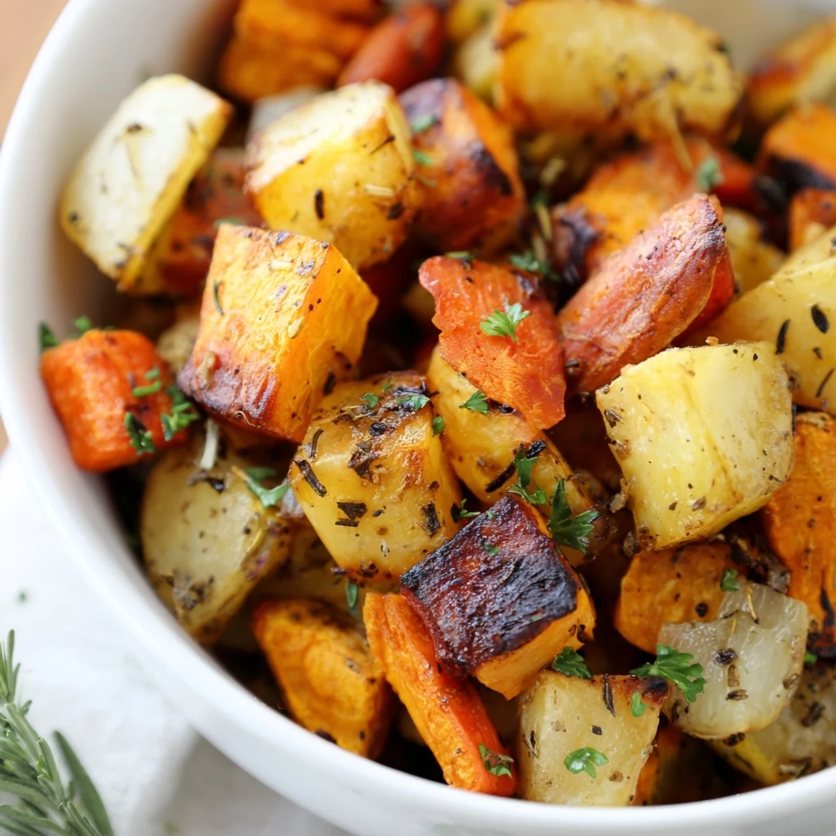 Caramelized roasted root vegetable medley with dried herbs, showcasing colorful carrots, parsnips, and beets on parchment.