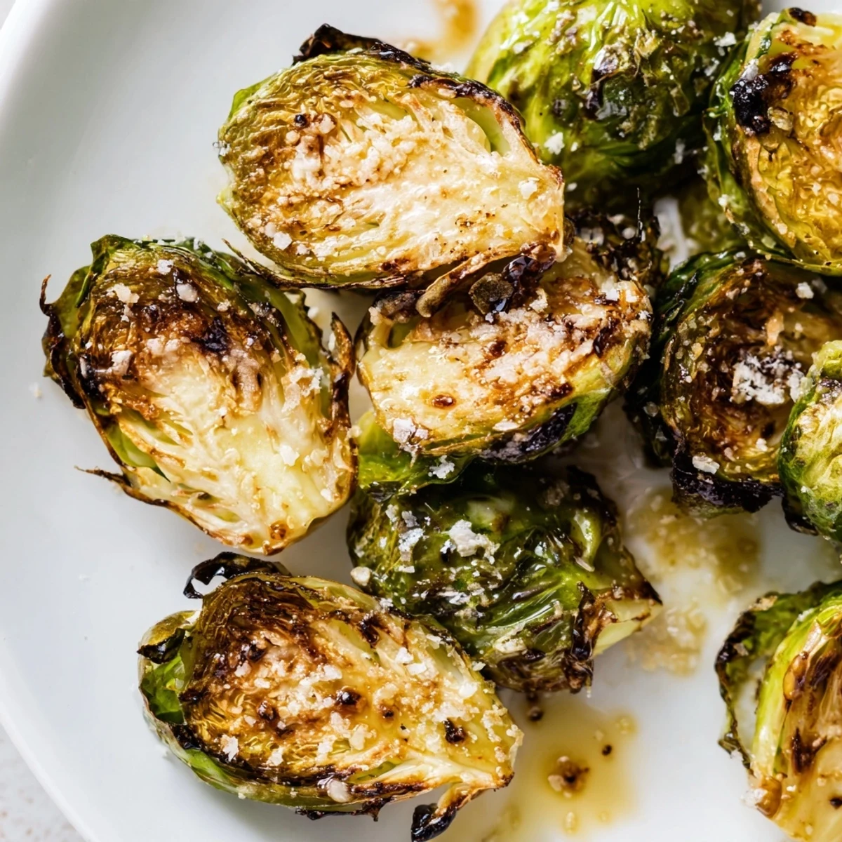 Freshly roasted Brussels sprouts halves with Parmesan, paired with roasted chicken for an easy dinner.