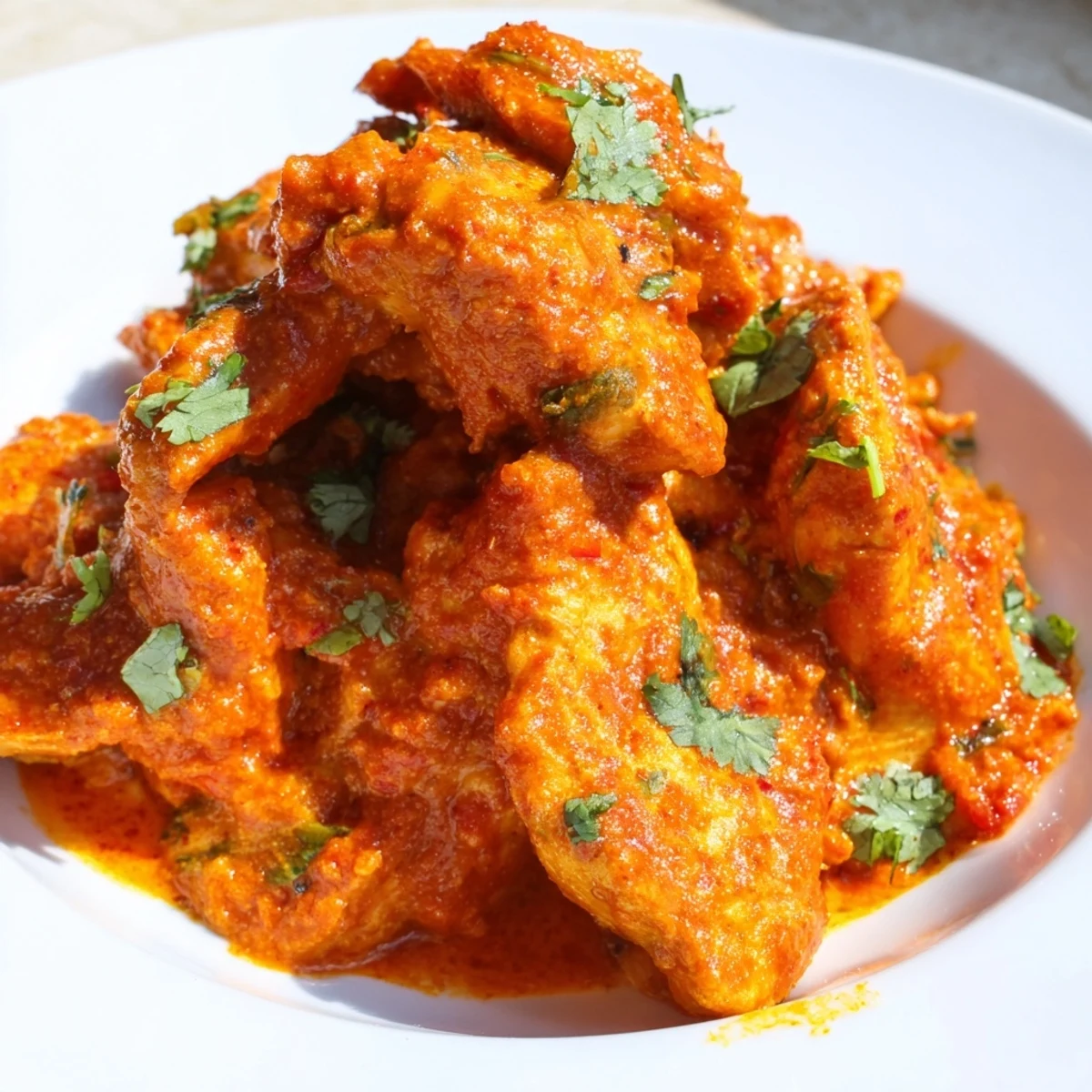 Tender chicken pieces in a rich, golden curry sauce, garnished with fresh cilantro and lime wedges for squeezing over the Spicy Curry Chicken.