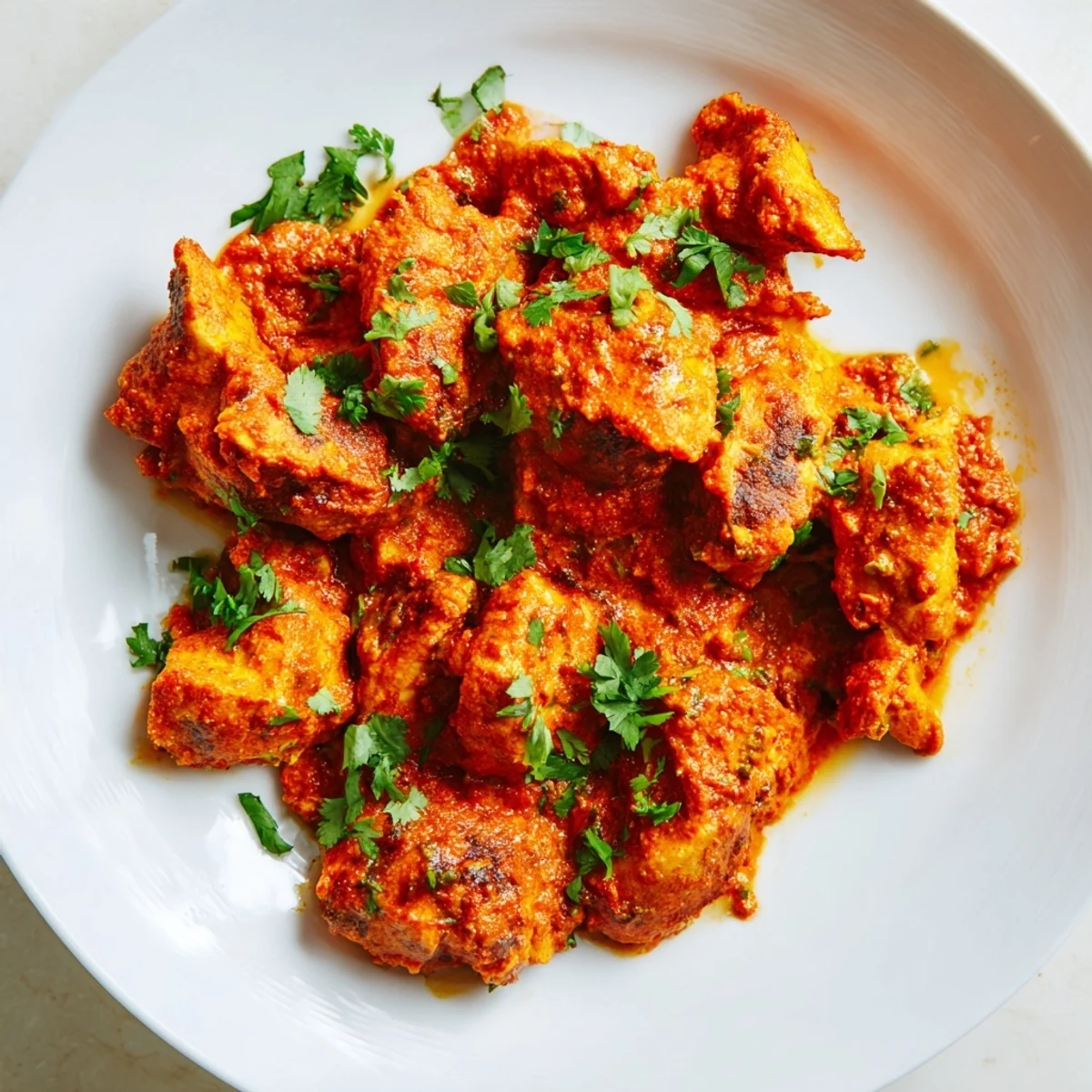 Spoon lifting a portion of vibrant orange Spicy Curry Chicken, revealing sautéed onions and chicken coated in a creamy, aromatic coconut milk sauce.