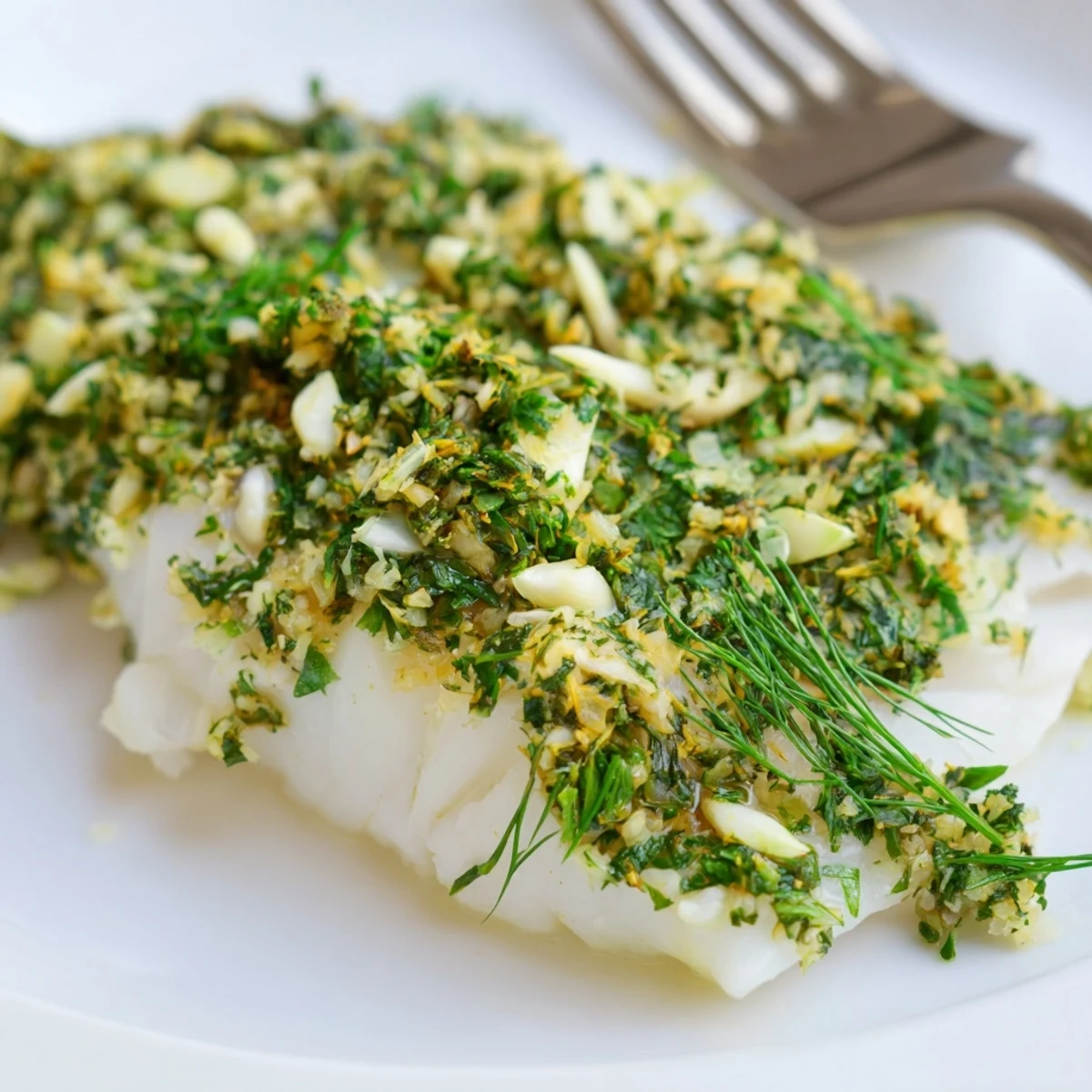 Tender Baked Cod with Herb Butter served with lemon wedges alongside roasted potatoes and asparagus.