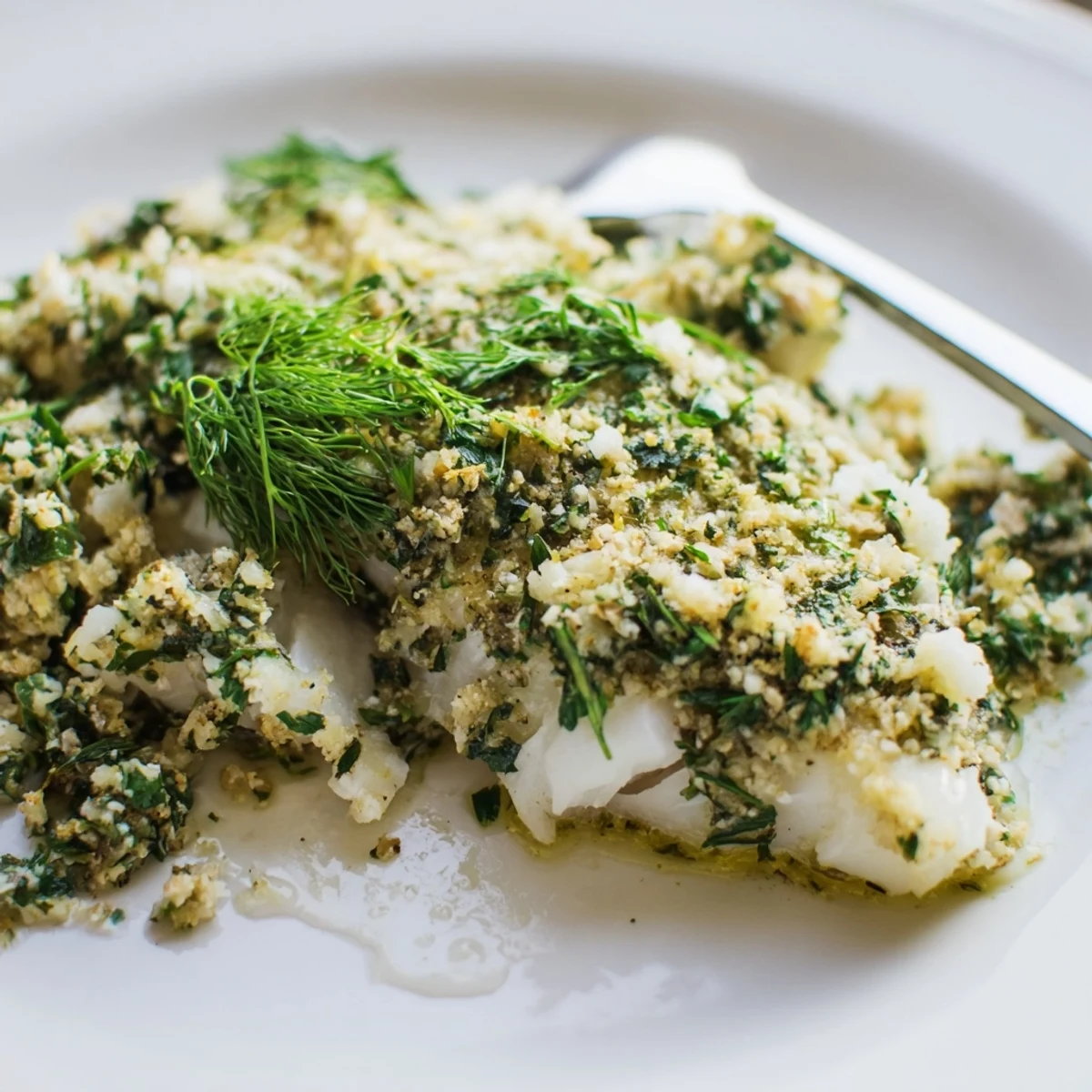 Moist, golden Baked Cod with Herb Butter garnished with fresh parsley on a baking dish.