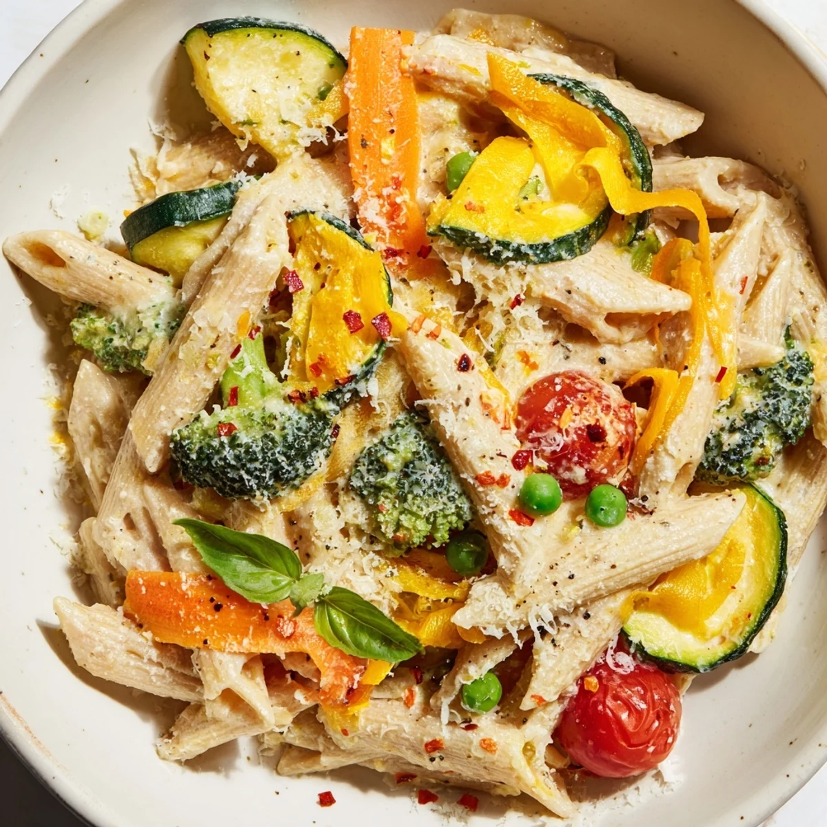 Creamy Pasta Primavera features penne tossed with zucchini, broccoli, and cherry tomatoes in a rich Parmesan cream sauce, garnished with fresh basil.