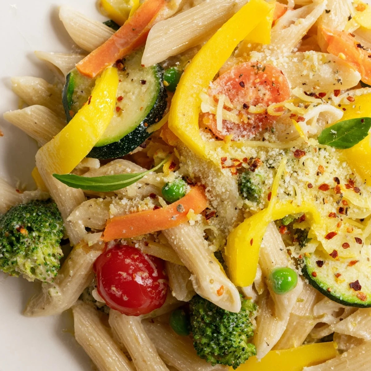 A close-up of Creamy Pasta Primavera with vibrant yellow bell peppers and green peas, steaming as it’s served on a white dinner plate.