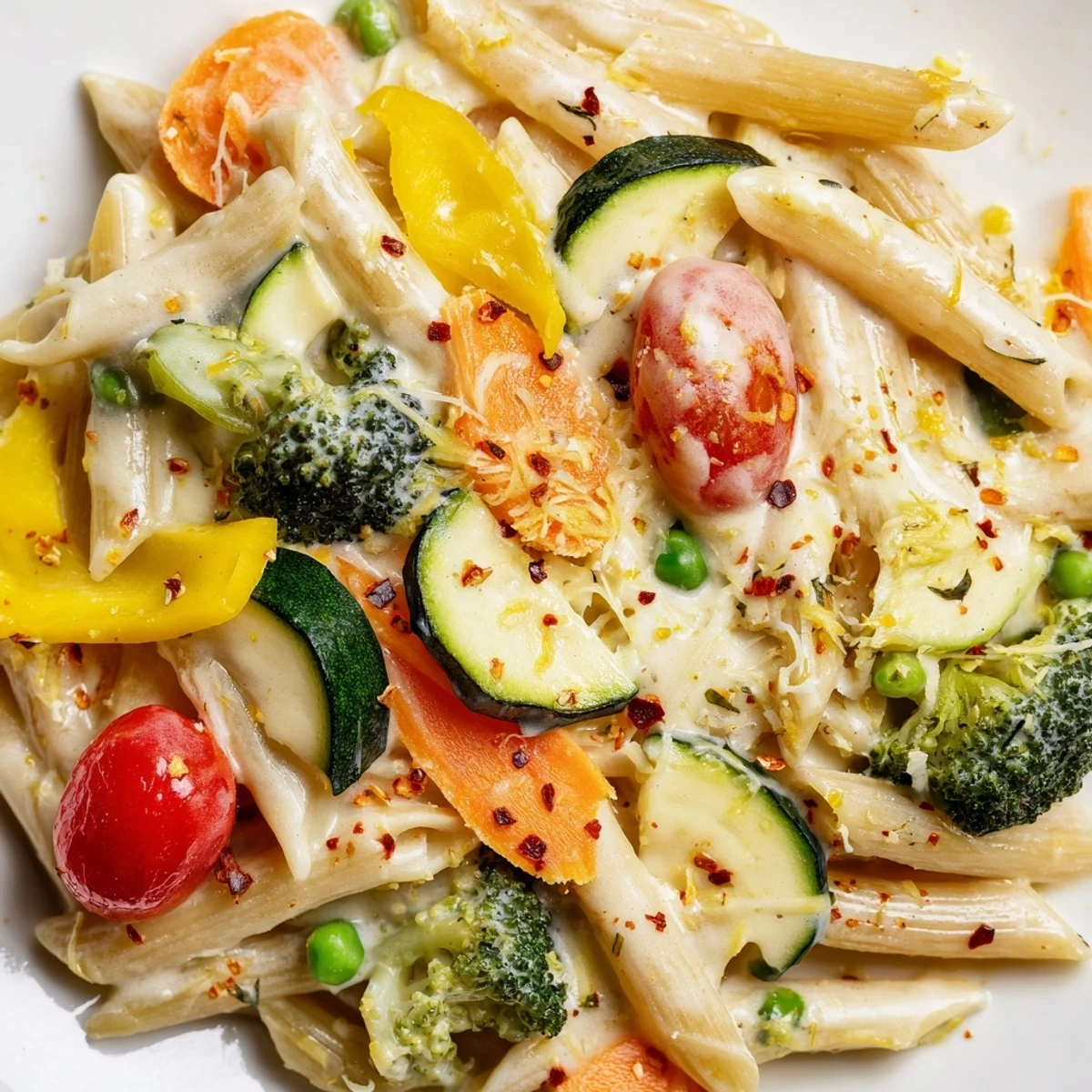 This vegetarian Creamy Pasta Primavera is plated with extra Parmesan and lemon zest, ready to enjoy with a glass of crisp white wine.
