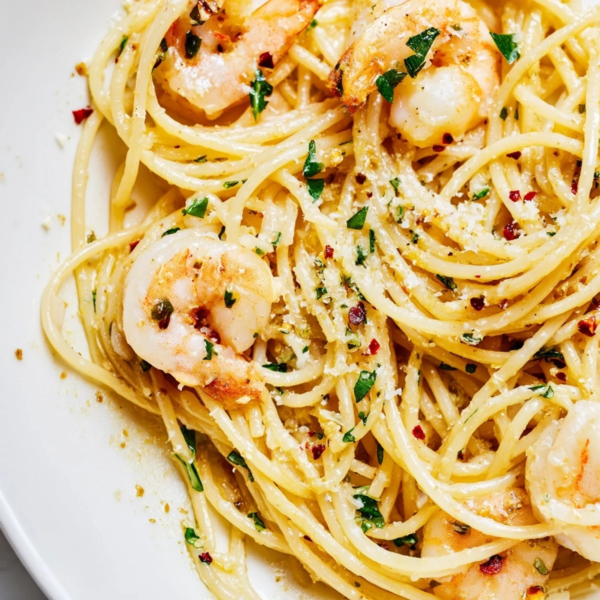 Plate of Lemon Shrimp Pasta with sautéed shrimp, bright lemon zest, and fresh parsley garnish.