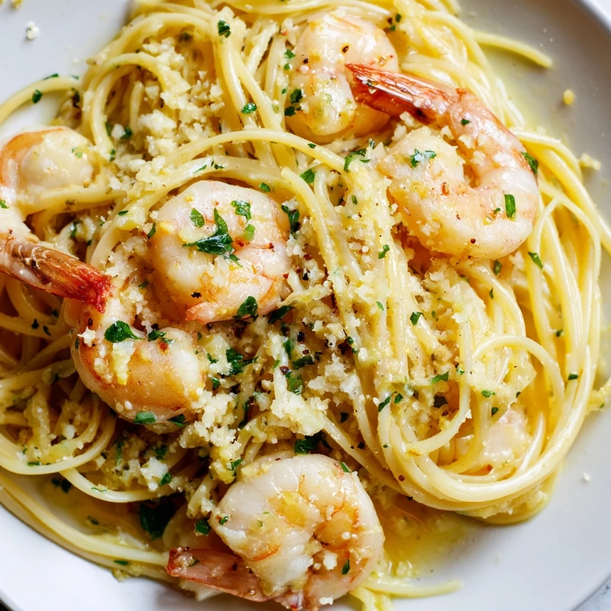 Serving suggestion for Lemon Shrimp Pasta with grated Parmesan and a glass of white wine.