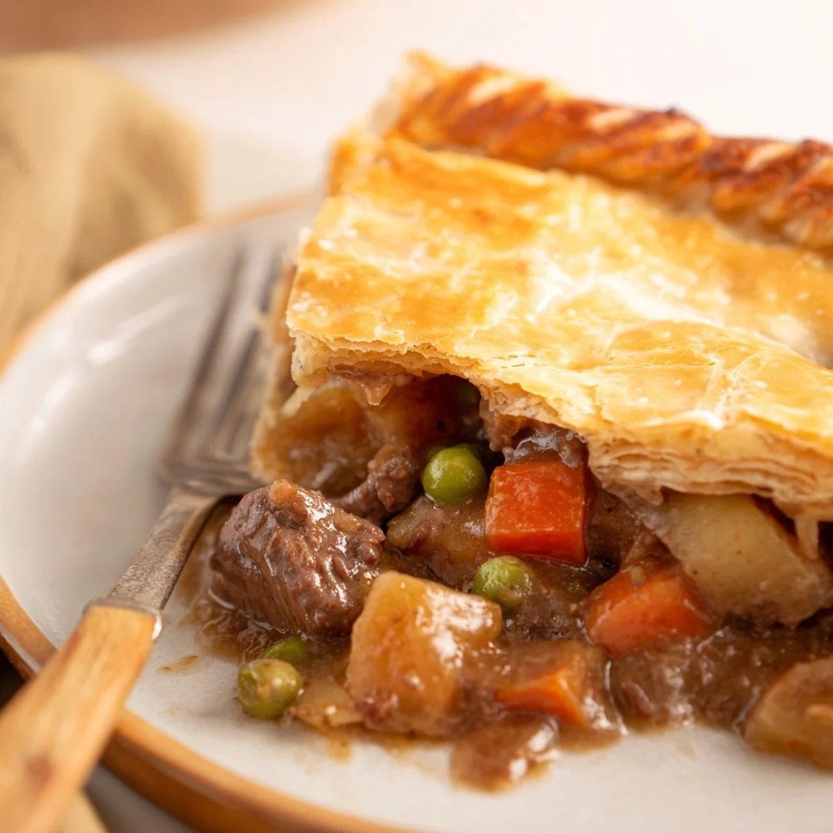 A fork slices into a hearty Beef Pie with Crust, revealing rich gravy with beef chunks, carrots, and green peas.