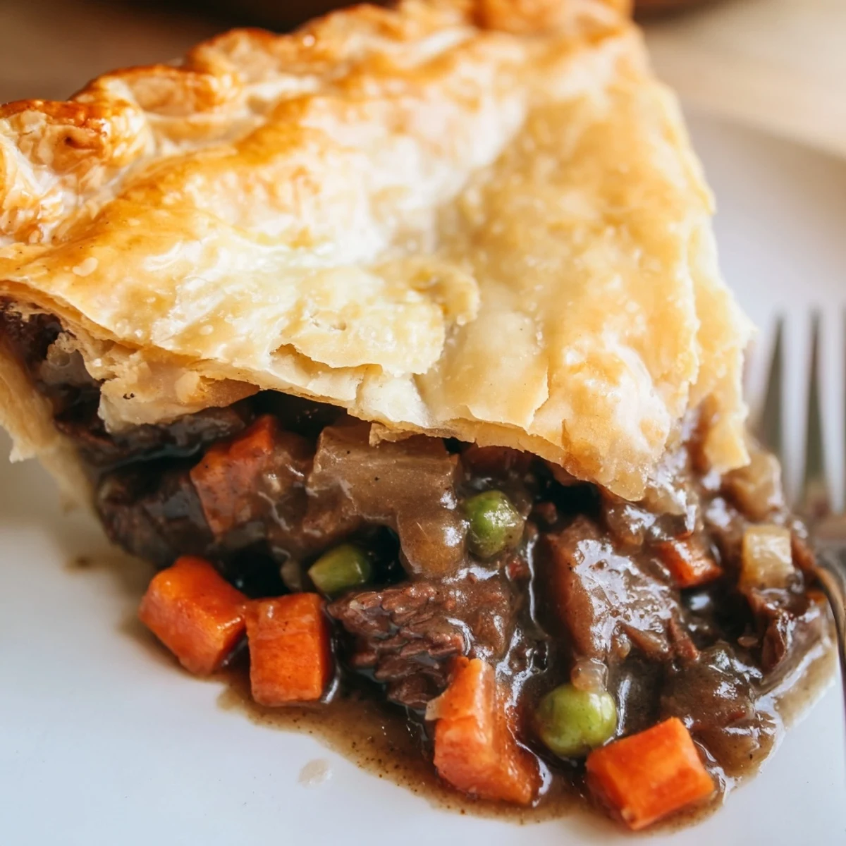 Beef Pie with Crust is served hot alongside mashed potatoes and a glass of red wine on a wooden table.