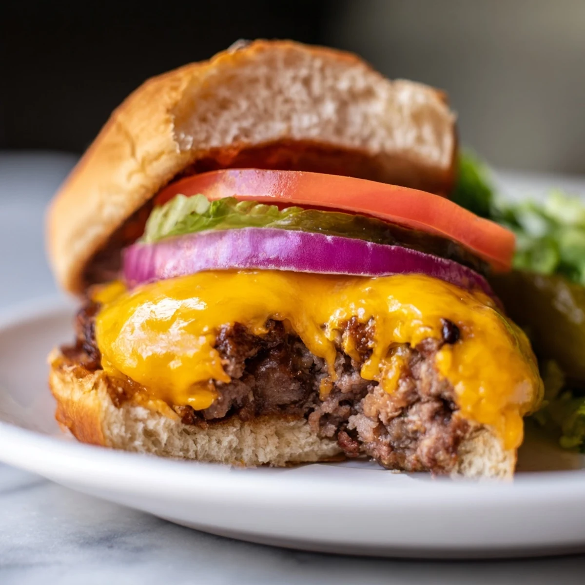 Freshly grilled turkey cheese burger with melted cheddar on a toasted bun, lettuce, tomato, and pickles.