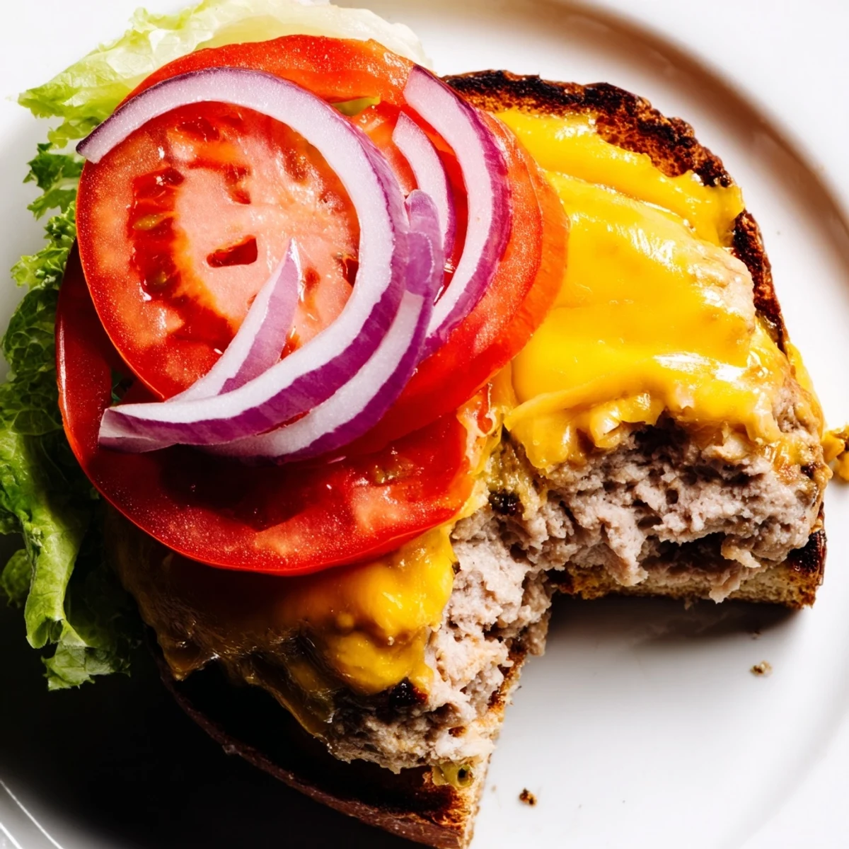 A juicy turkey cheese burger with gooey melted cheddar, crisp lettuce, and ripe tomato slices.