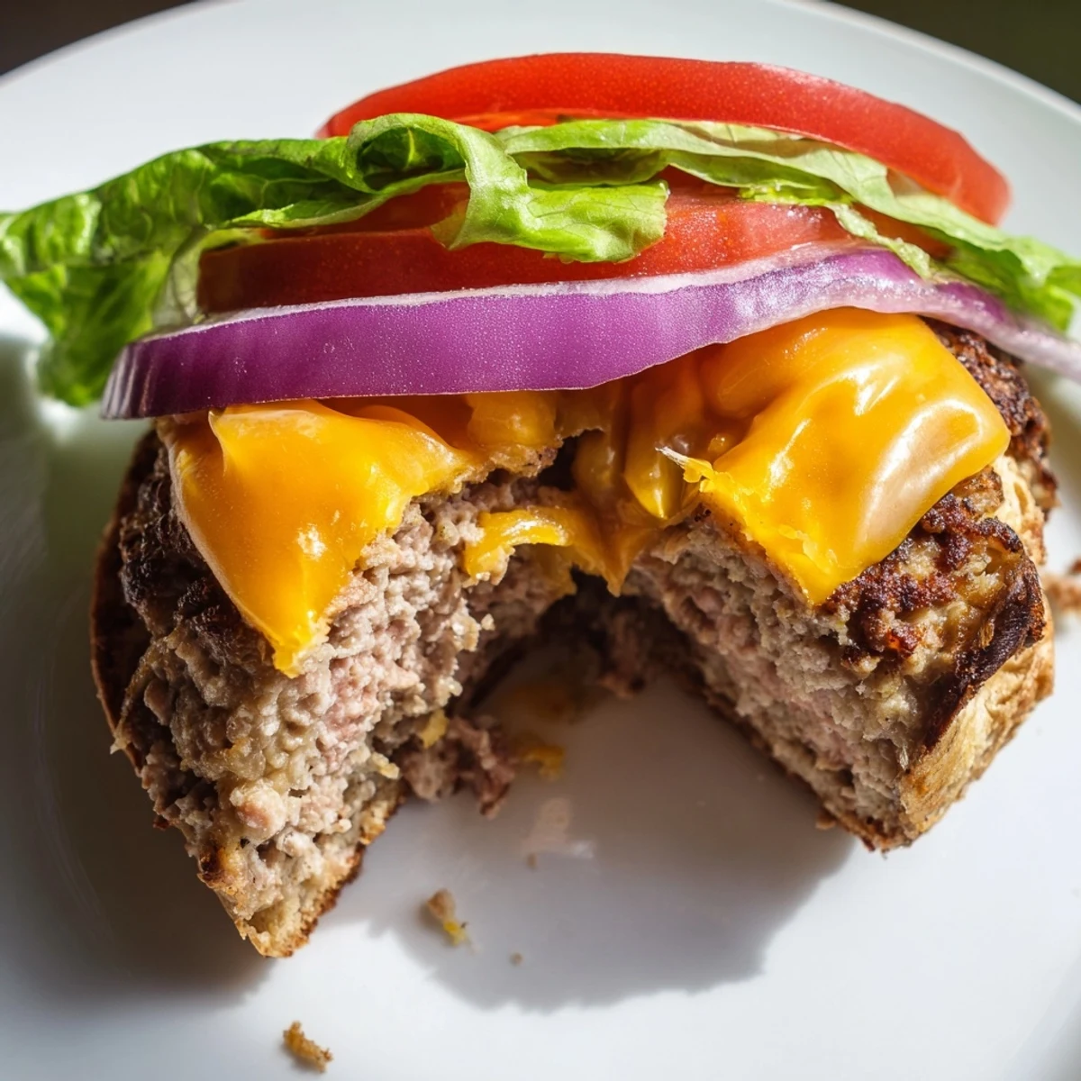 Homemade turkey cheese burger topped with melted cheese, red onions, and pickles on a soft bun.