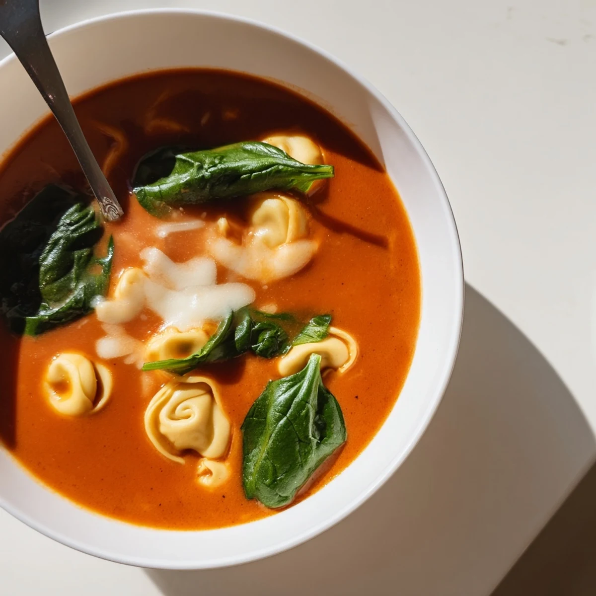 Spoonful of Creamy Tomato and Tortellini Soup with Spinach, showcasing wilted greens and rich tomato base, served with crusty bread for dipping.