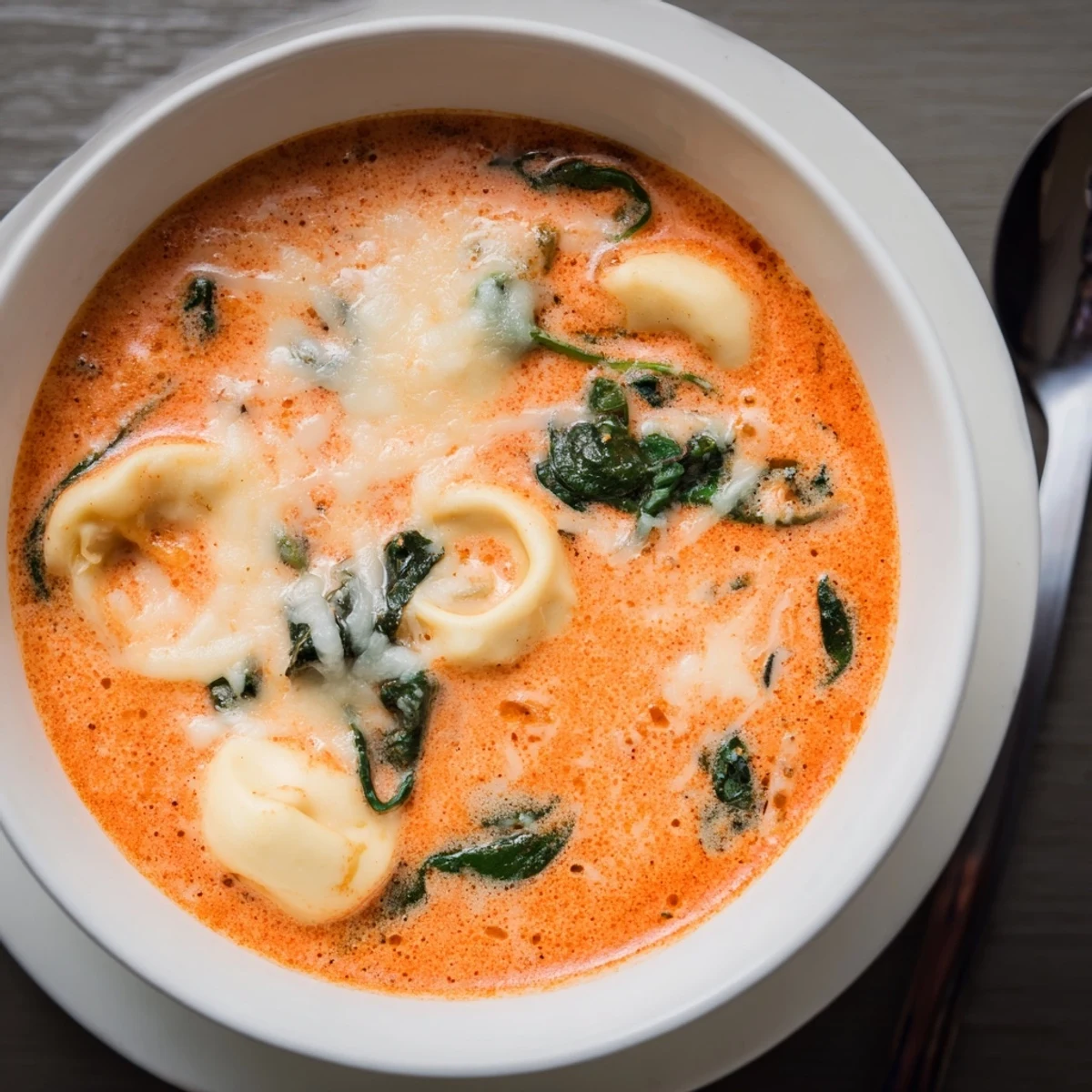 Close-up of Creamy Tomato and Tortellini Soup with Spinach, bright red broth, dumpling-shaped pasta, and fresh spinach leaves in a white ceramic bowl.