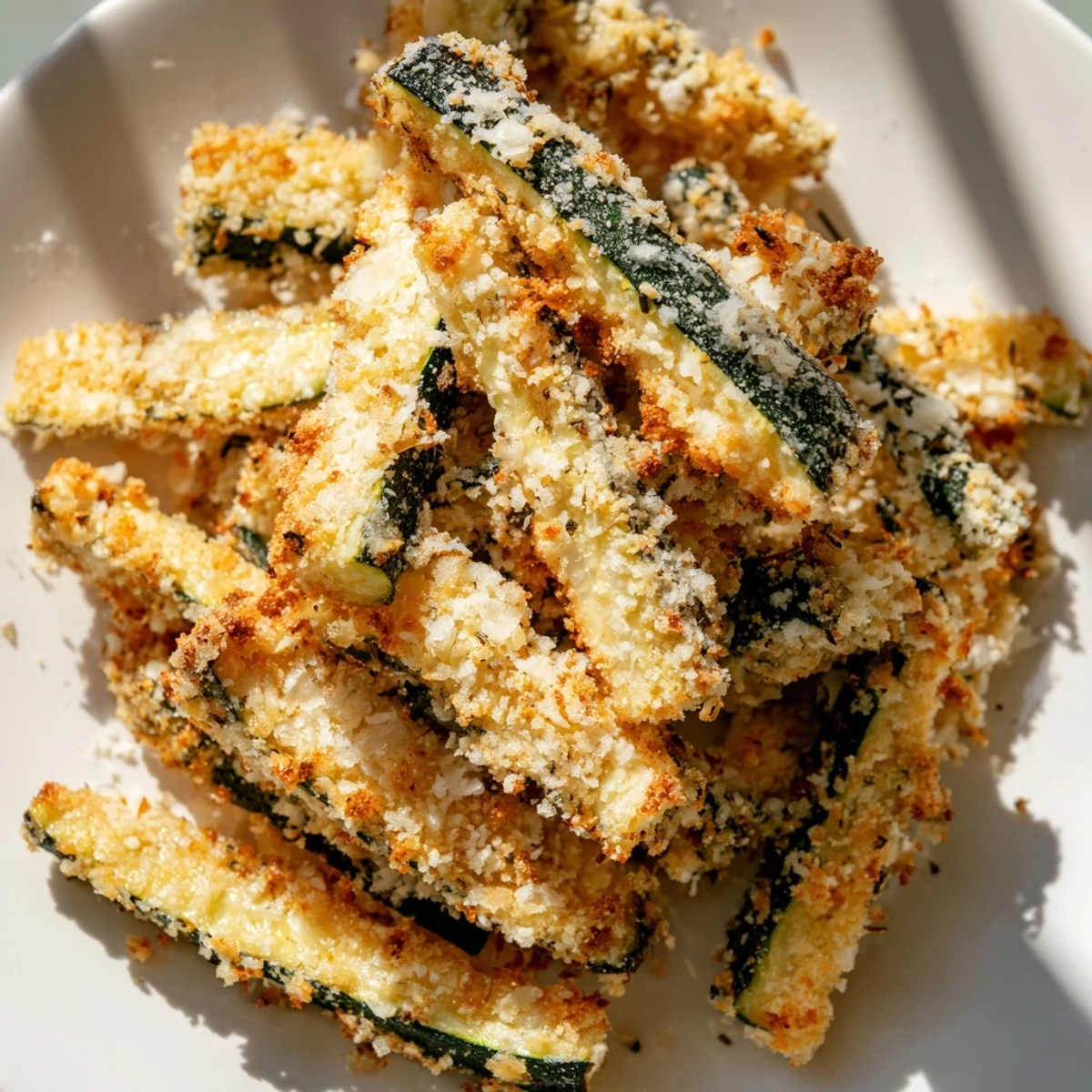 Golden, crispy Baked Parmesan Zucchini Fries on a baking sheet ready to serve.